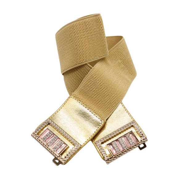 New Women Gold Elastic Wide Fashion Belt Bling Metal Square Buckle S M z089 - Picture 16 of 17